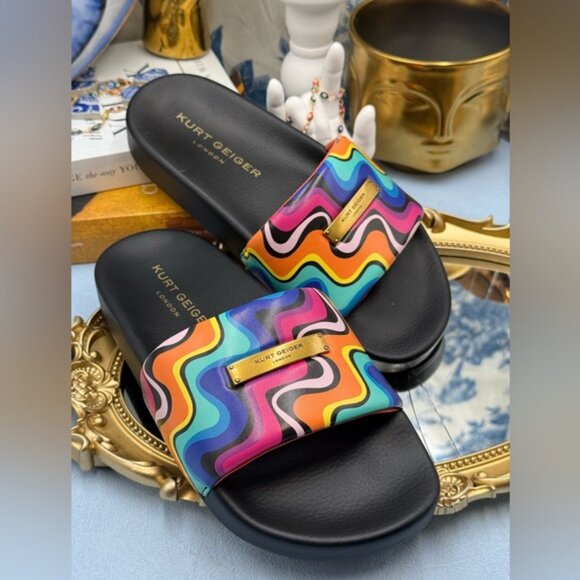 🆕 KURT GEIGER LONDON 🧿 NWOB Brixton Plate Pool Slide, Groovy Rainbow - Sz 6 - Picture 6 of 13